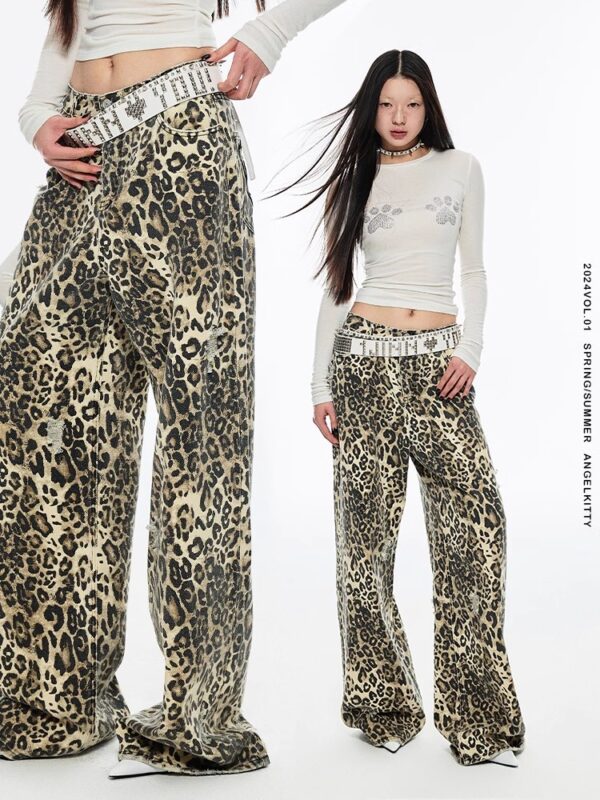 Retro street style distressed long leopard print straight wide leg versatile canvas floor mopping pants