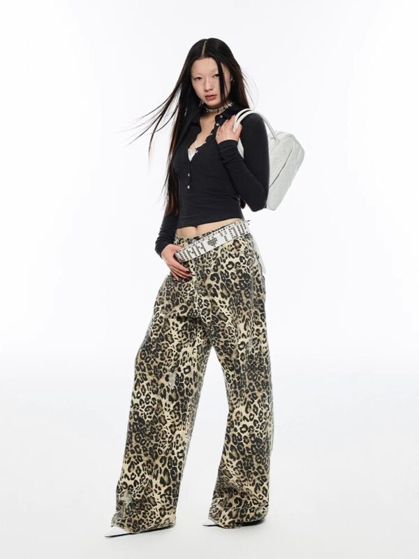 Retro street style distressed long leopard print straight wide leg versatile canvas floor mopping pants - Image 3